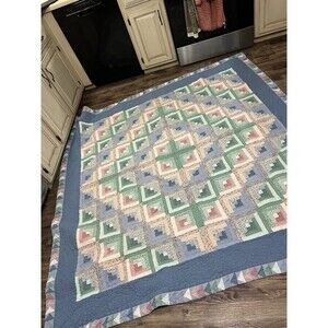 79"x79” Old VTG Handmade Hand Stitch Diamond Log Cabin Patchwork Quilt Cottage